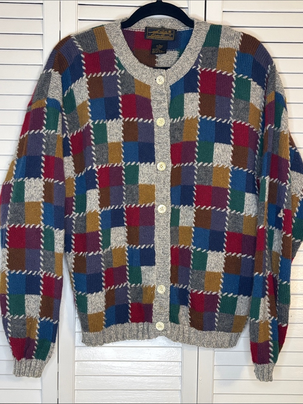 Vintage Eddie Bauer Patchwork Button-Up Wool Sweater Cardigan - Multicolor